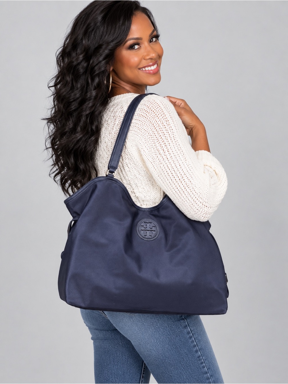 Tory Burch Navy Nylon Tote with Logo